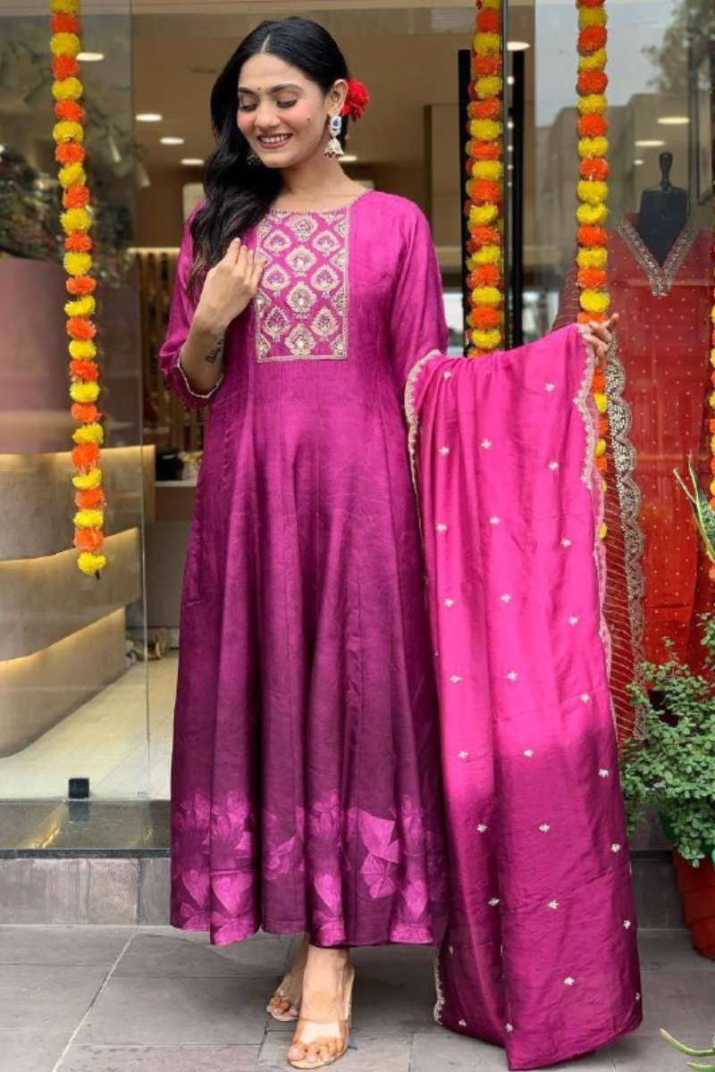 Romantial Silk Rani Gown Featuring Dupatta Foil Work