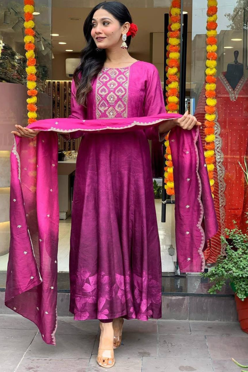 Romantial Silk Rani Gown Featuring Dupatta Foil Work
