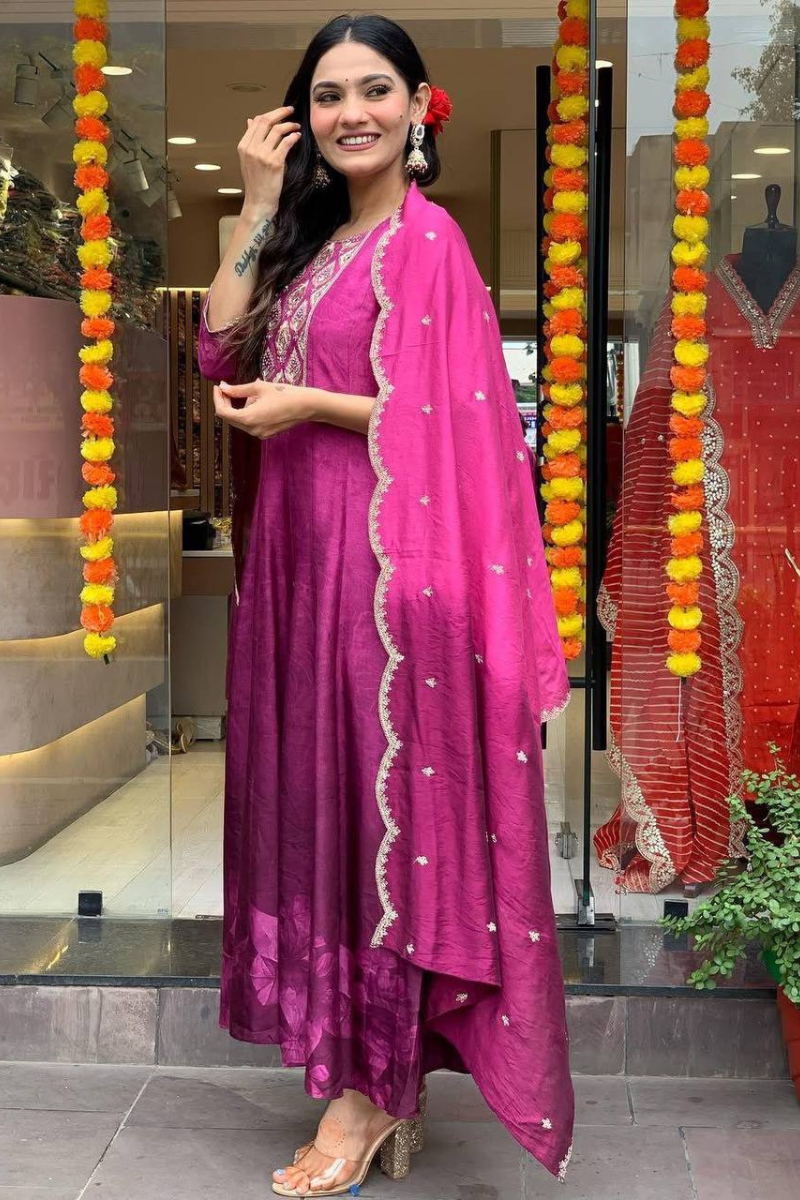 Romantial Silk Rani Gown Featuring Dupatta Foil Work