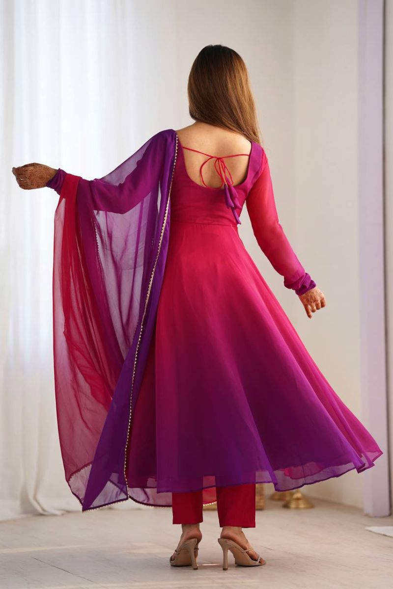 Chanderi Anarkali Pant Dupatta Set in Rani Romansilk