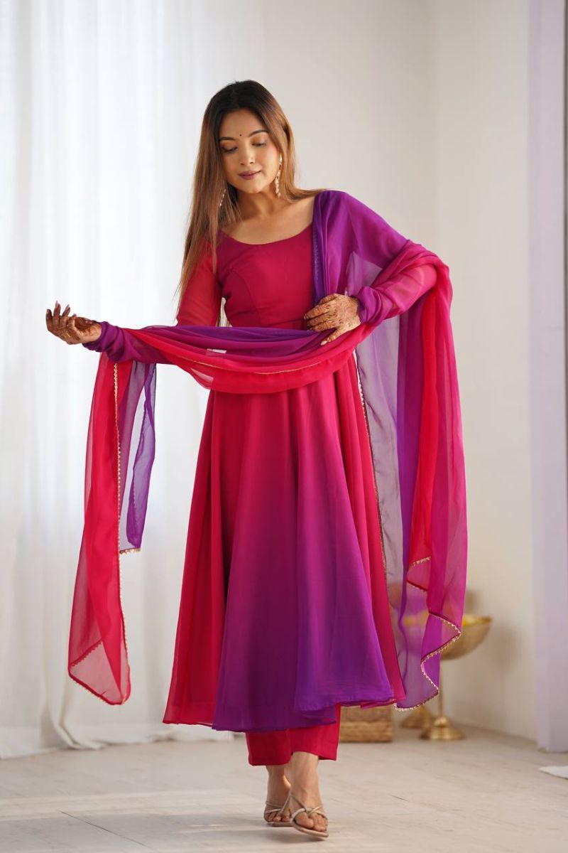 Chanderi Anarkali Pant Dupatta Set in Rani Romansilk