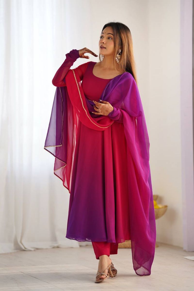 Chanderi Anarkali Pant Dupatta Set in Rani Romansilk