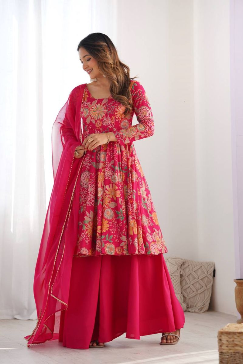 Chanderi Sharara Dupatta Set in Rani Soft Romansilk