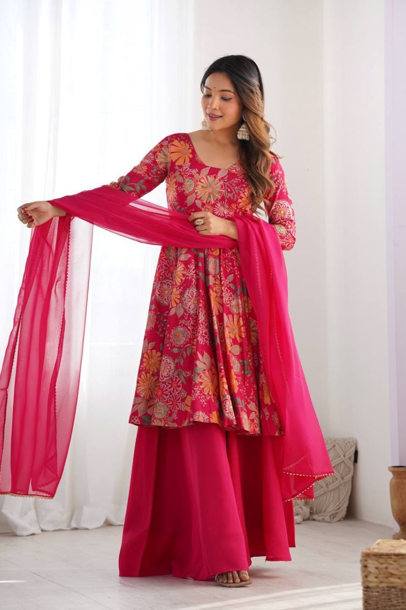 Chanderi Sharara Dupatta Set in Rani Soft Romansilk