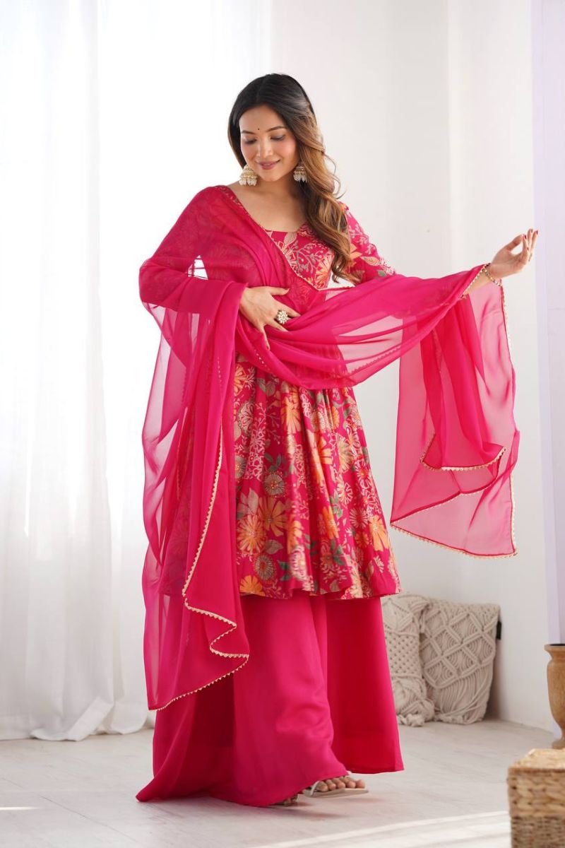 Chanderi Sharara Dupatta Set in Rani Soft Romansilk