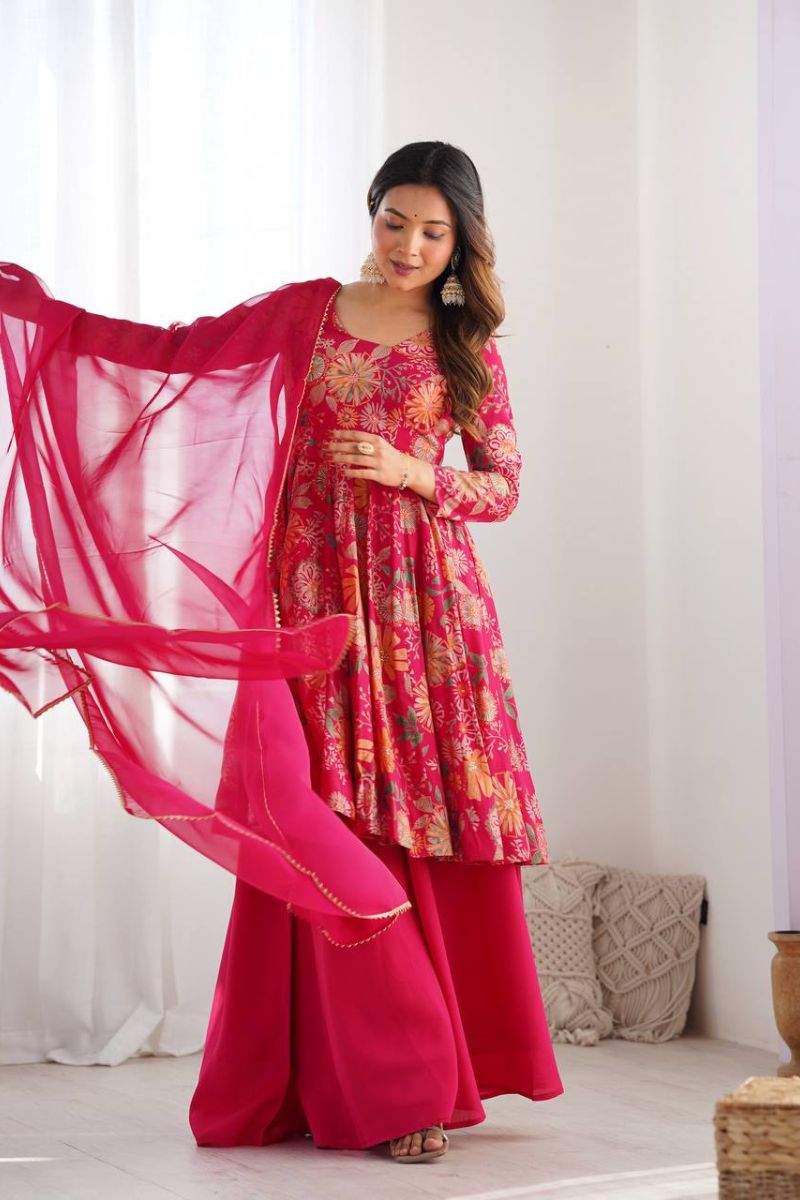 Chanderi Sharara Dupatta Set in Rani Soft Romansilk