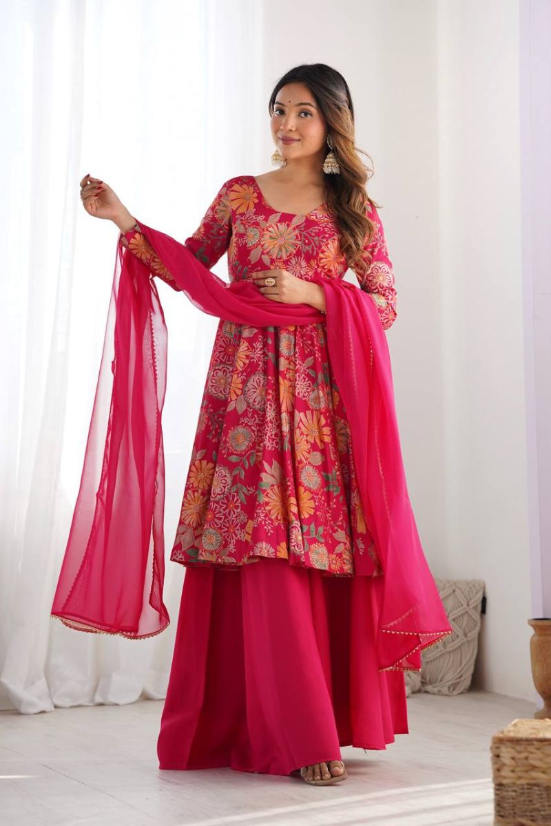 Chanderi Sharara Dupatta Set in Rani Soft Romansilk