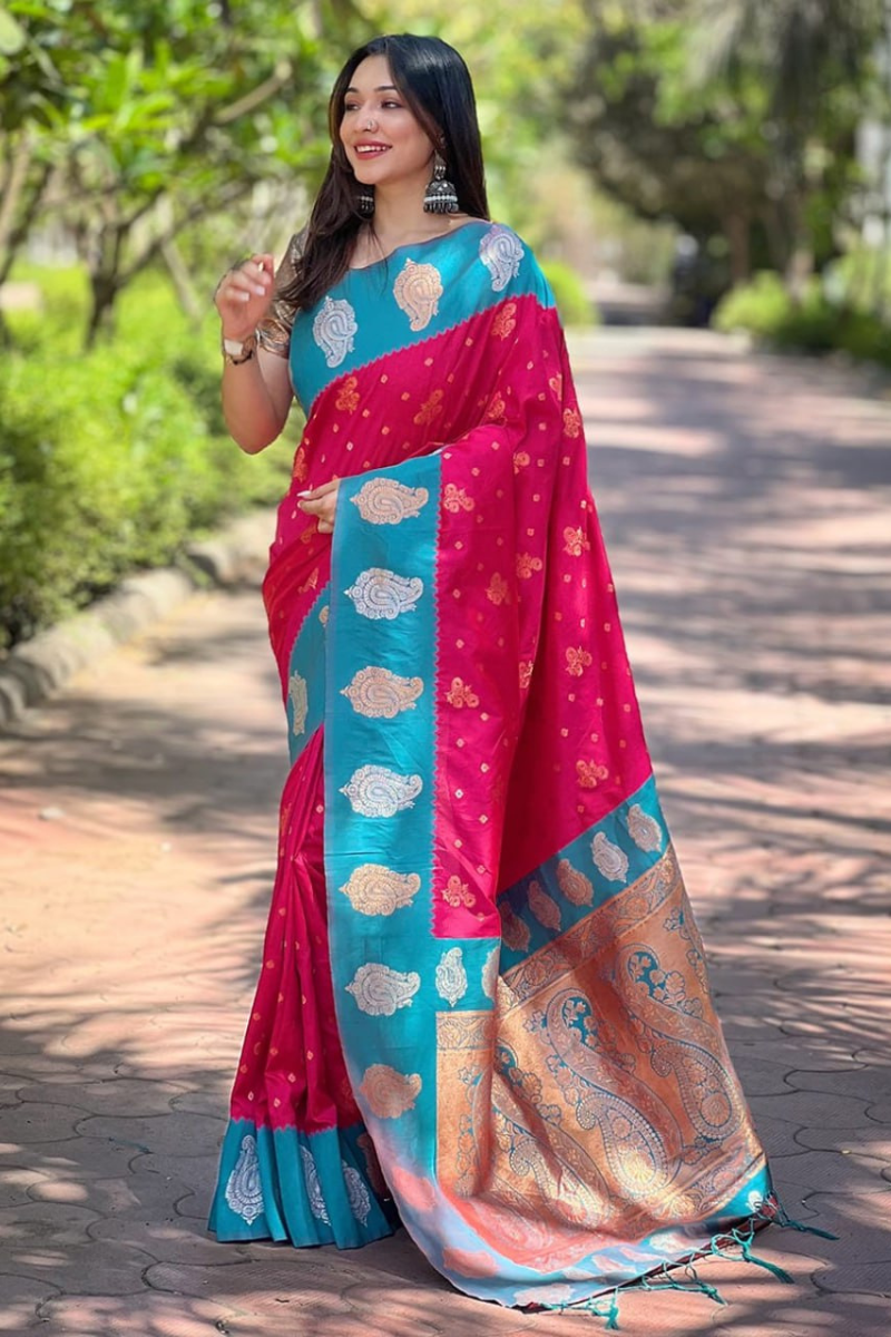 Rose gold-patterned Rani Soft Silk Paithani Saree