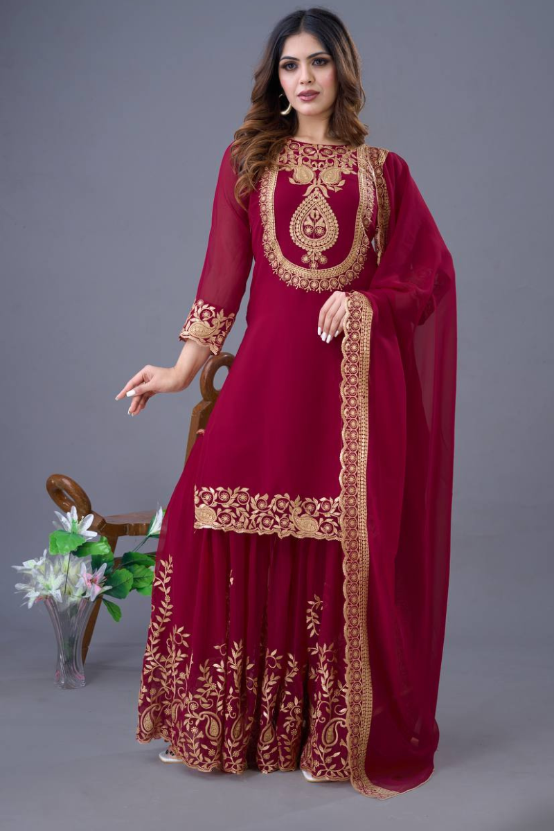 Faux Red Blooming Three Piece Kurta Dupatta Sharara Suit Set in Georgette.