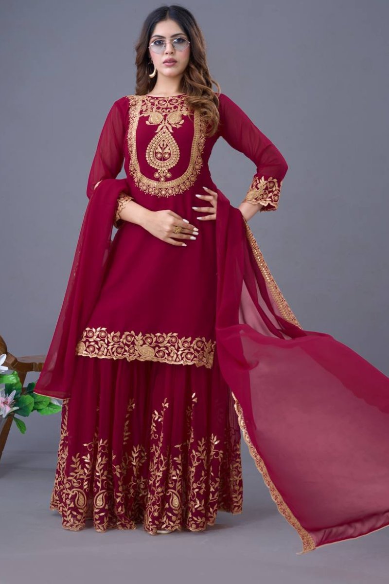 Faux Red Blooming Three Piece Kurta Dupatta Sharara Suit Set in Georgette.