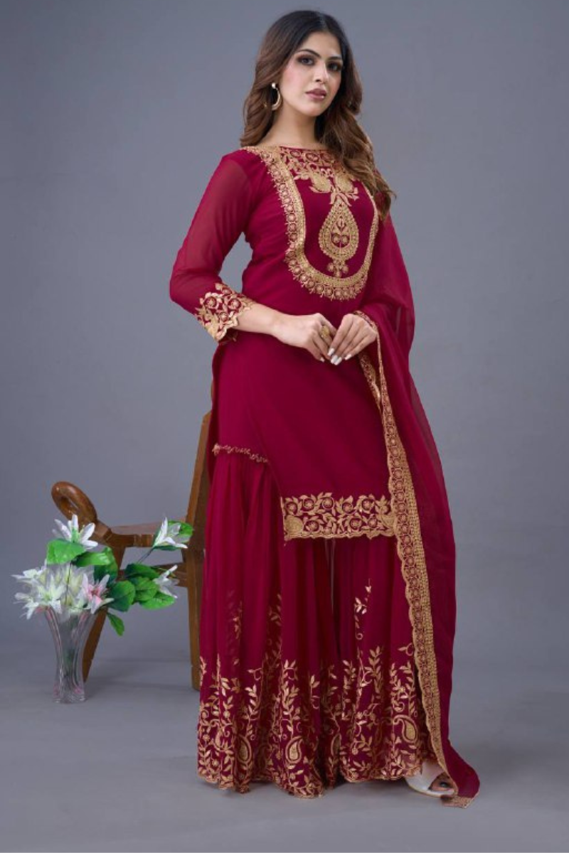 Faux Red Blooming Three Piece Kurta Dupatta Sharara Suit Set in Georgette.