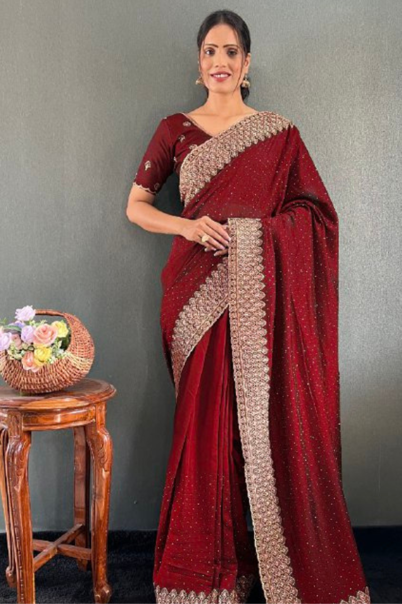 Vichitra silk saree in red bloom with lovely Zari