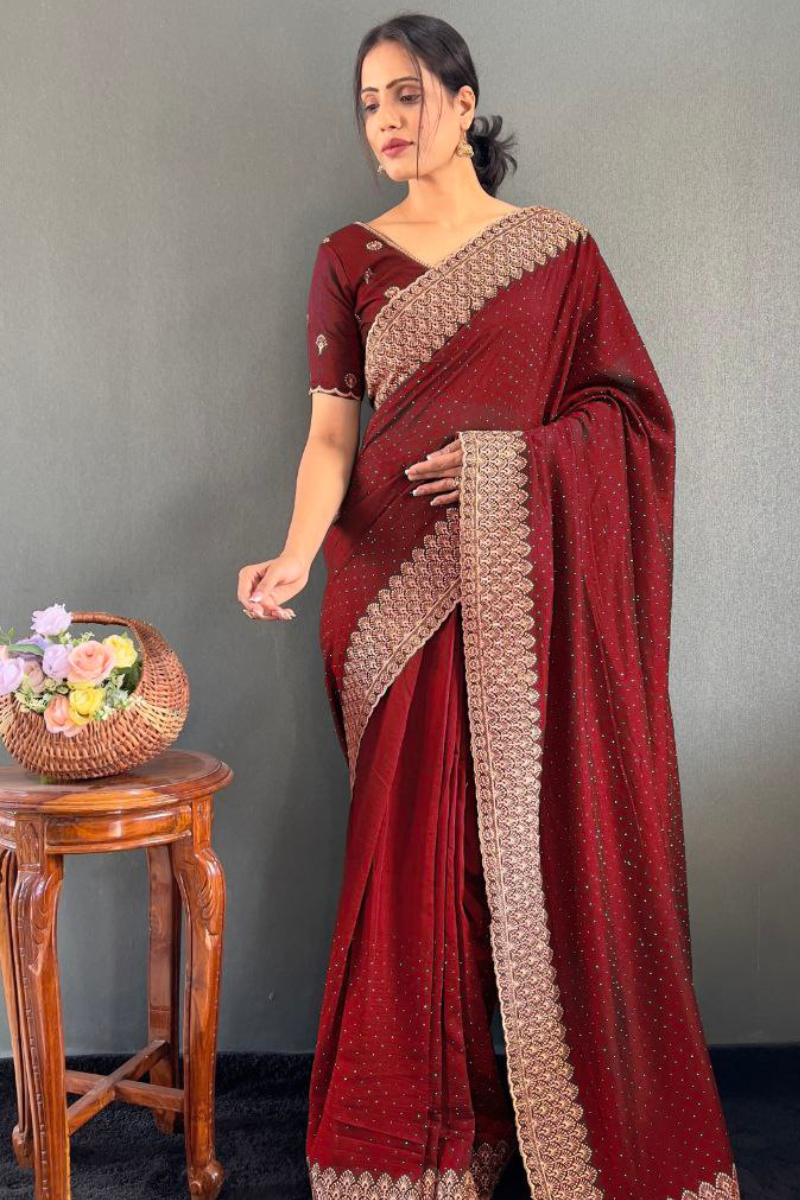 Vichitra silk saree in red bloom with lovely Zari