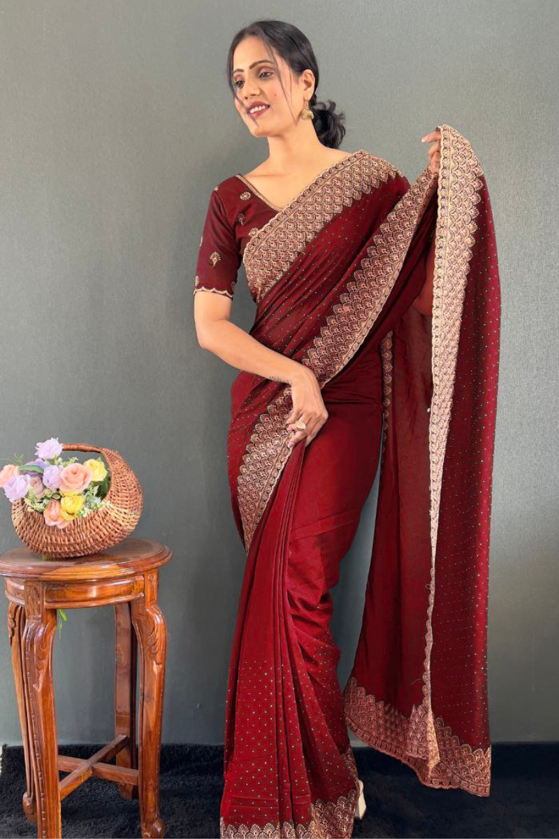 Vichitra silk saree in red bloom with lovely Zari