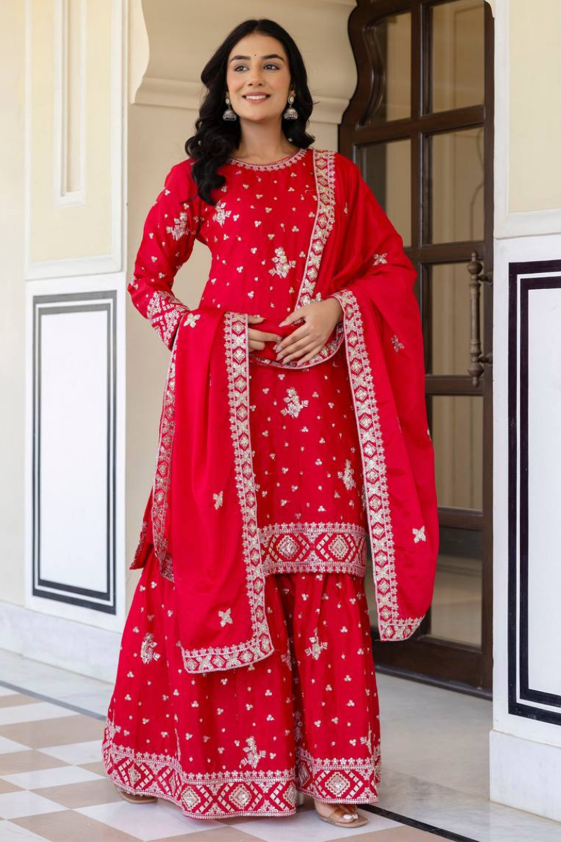 Embroidered Red Chinon Kurta Pant Dupatta Set Sharara Suit