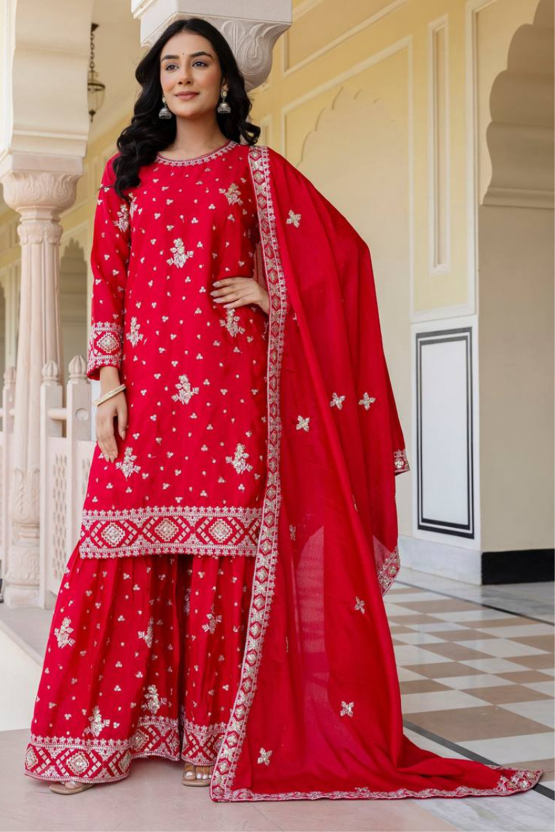 Embroidered Red Chinon Kurta Pant Dupatta Set Sharara Suit