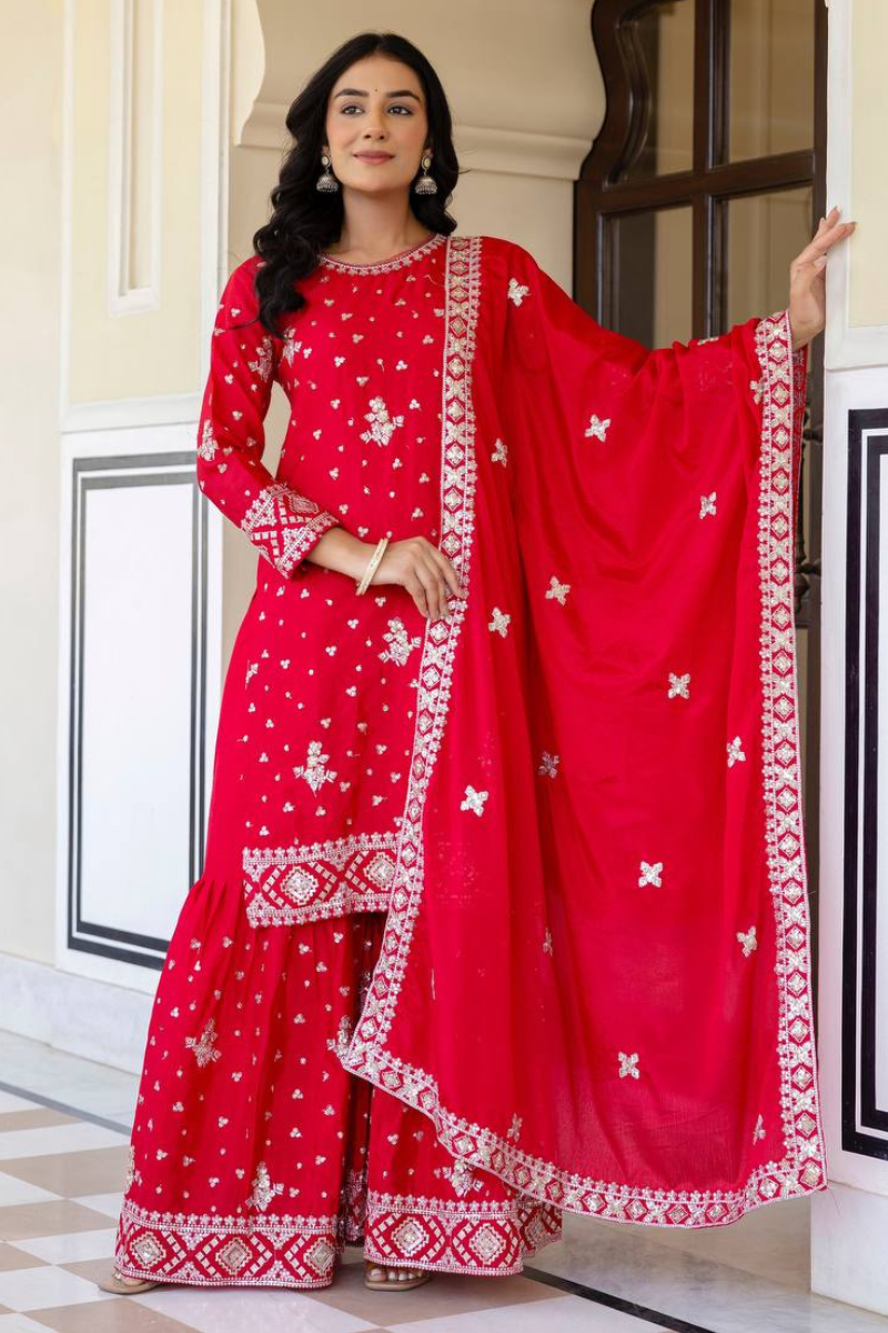Embroidered Red Chinon Kurta Pant Dupatta Set Sharara Suit