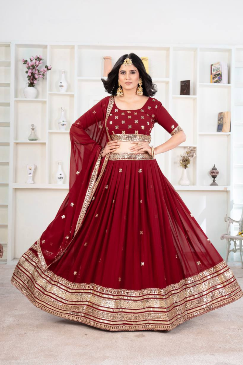 Red Faux Georgette Embroidered Lehanga Choli Set