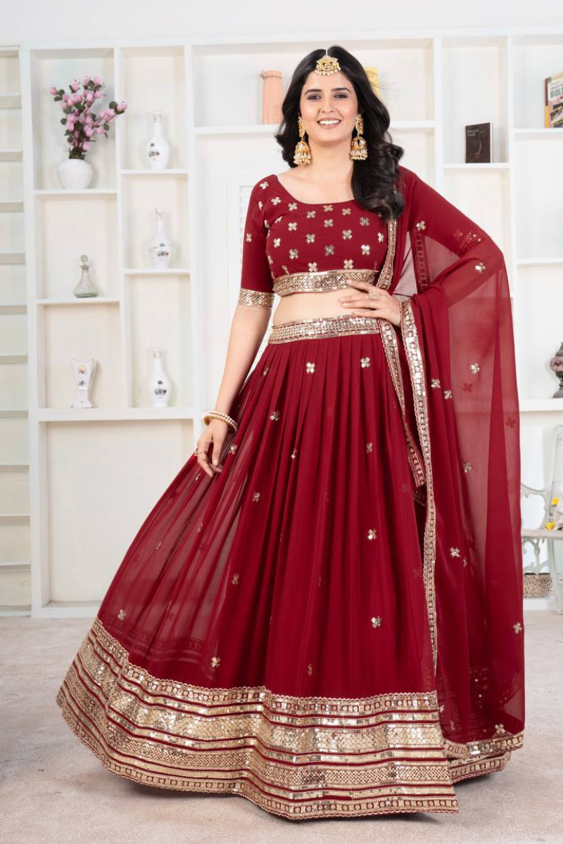 Red Faux Georgette Embroidered Lehanga Choli Set