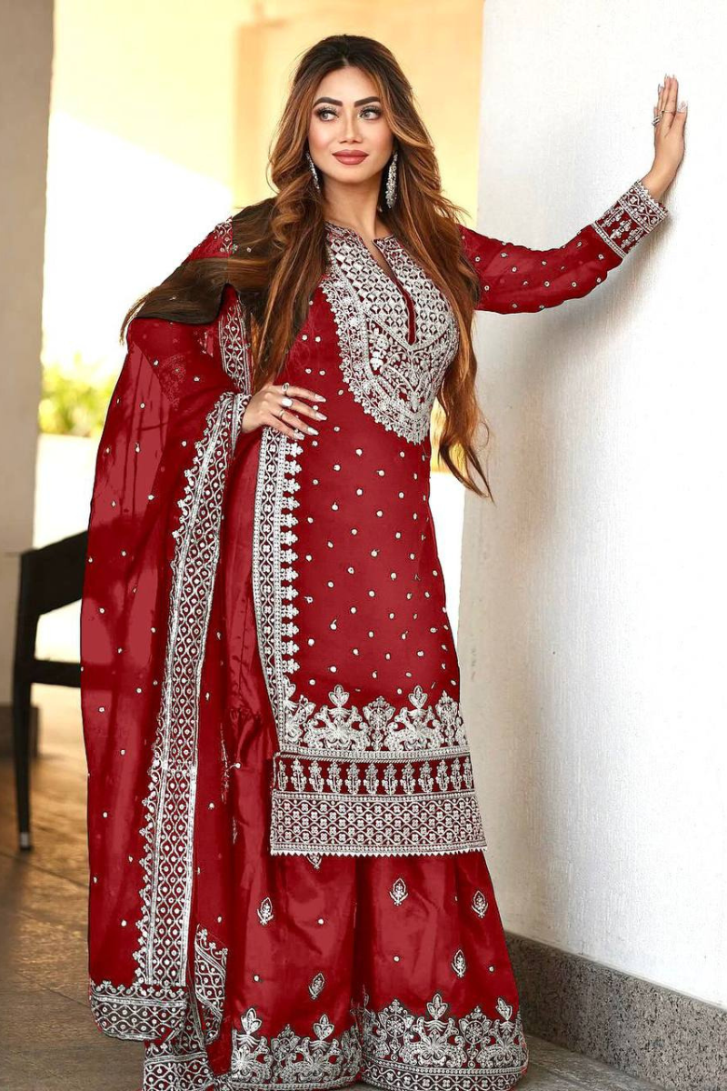 Red Heavy Faux Georgette Kurta Dupatta Sharara Suit Set