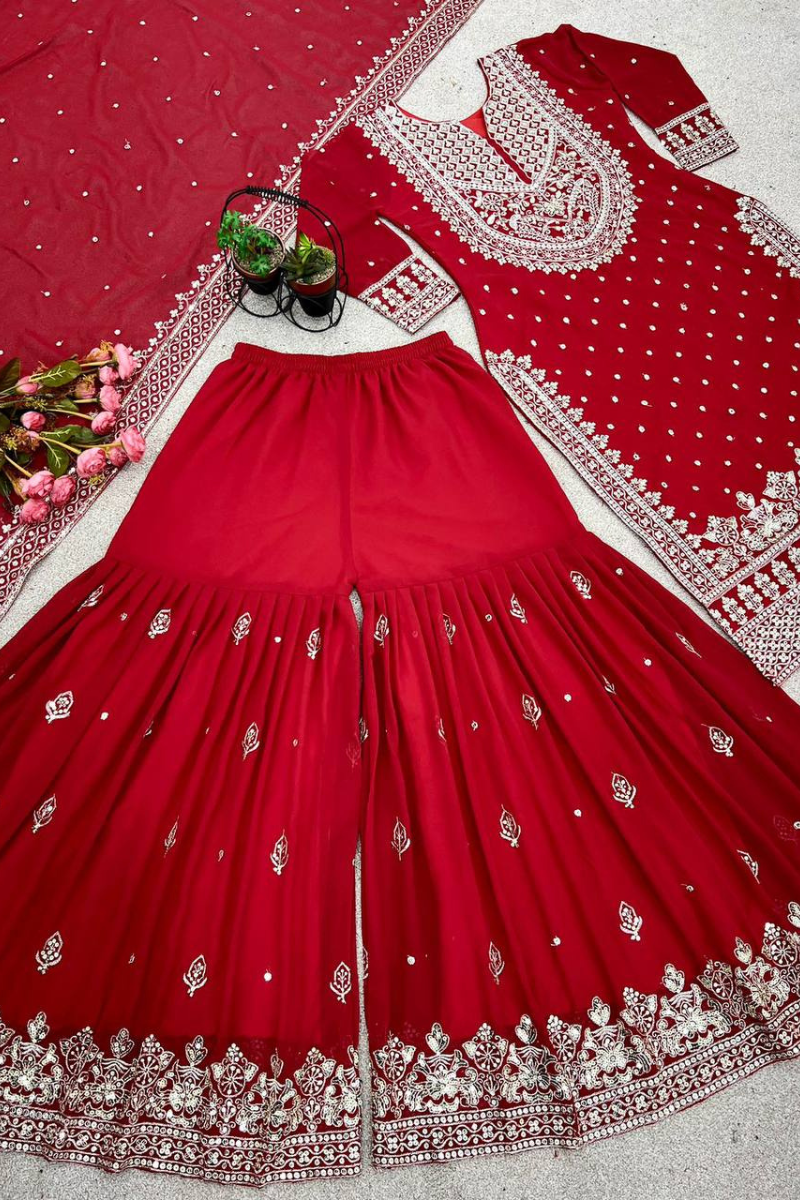 Red Heavy Faux Georgette Kurta Dupatta Sharara Suit Set