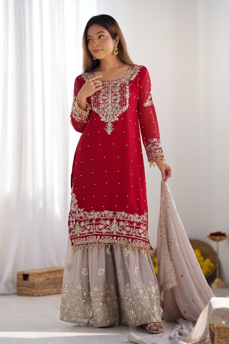 Heavy Red Faux Red Sharara Dupatta Suit Set in Georgette