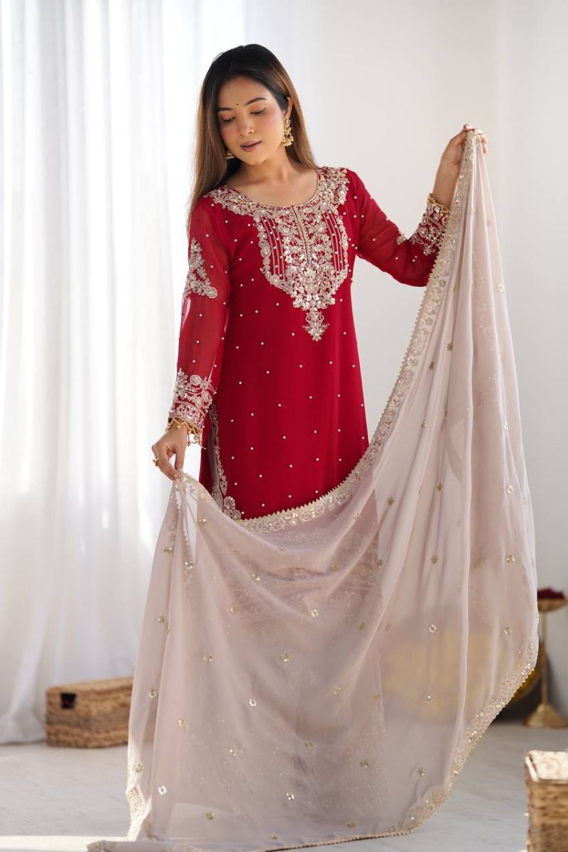 Heavy Red Faux Red Sharara Dupatta Suit Set in Georgette