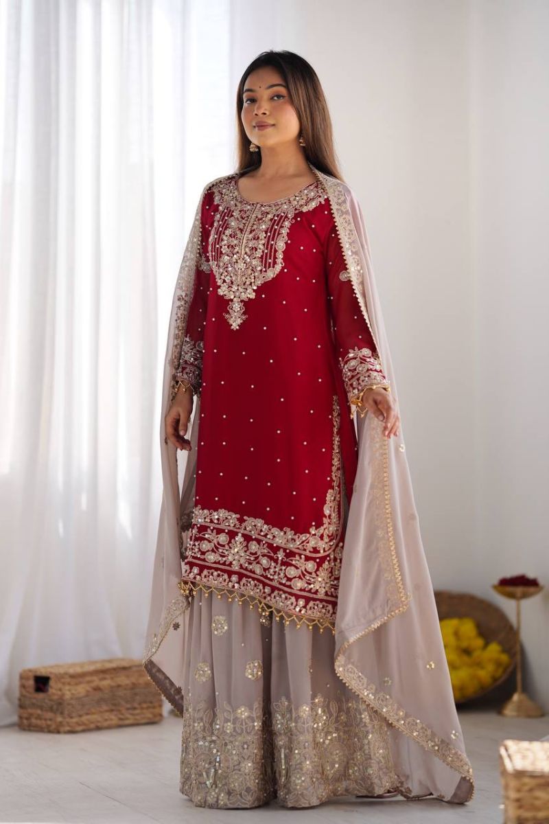 Heavy Red Faux Red Sharara Dupatta Suit Set in Georgette