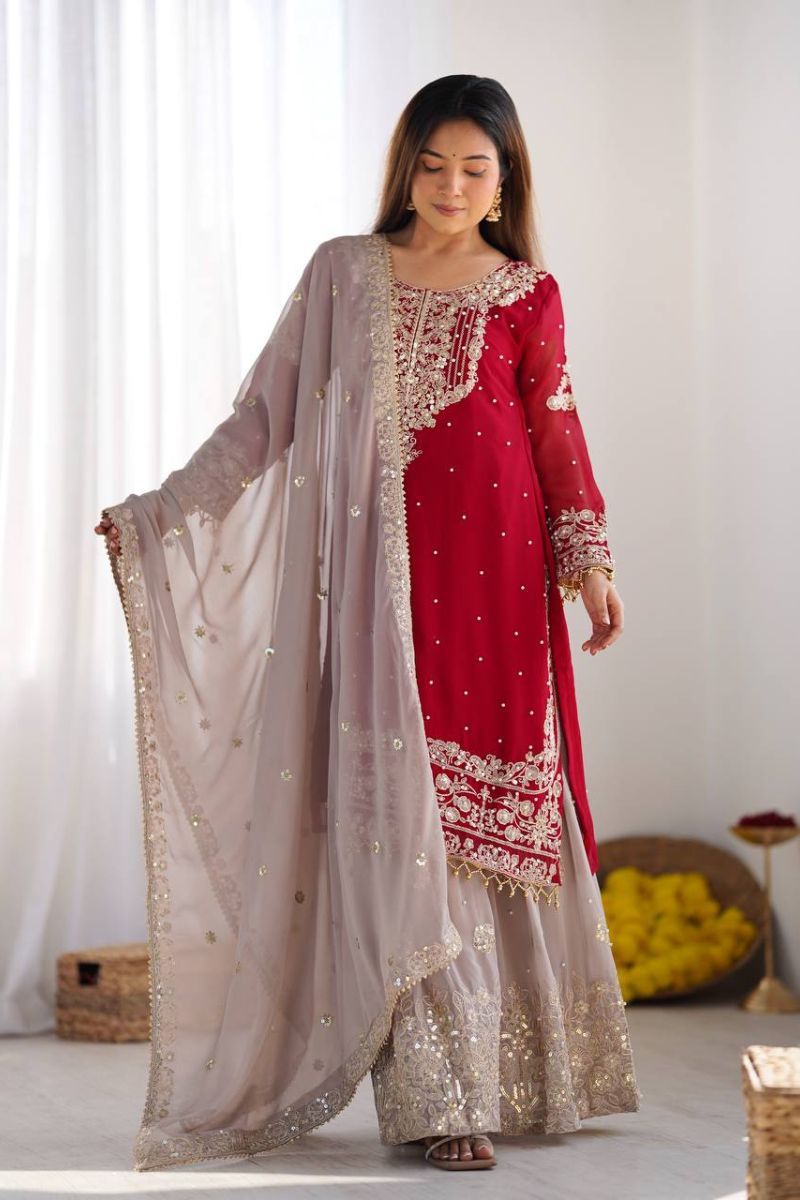 Heavy Red Faux Red Sharara Dupatta Suit Set in Georgette