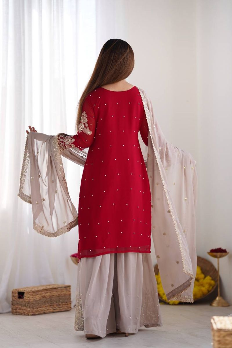 Heavy Red Faux Red Sharara Dupatta Suit Set in Georgette