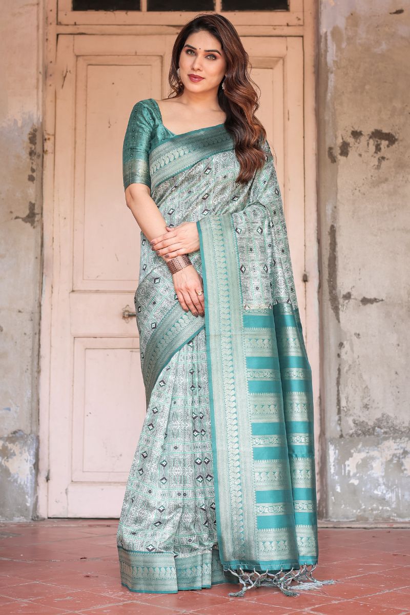 Banarasi Digitally Printed Silk Saree in Rich Teal Green