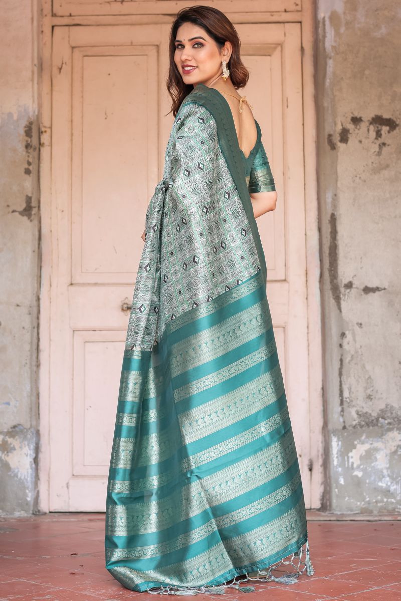 Banarasi Digitally Printed Silk Saree in Rich Teal Green