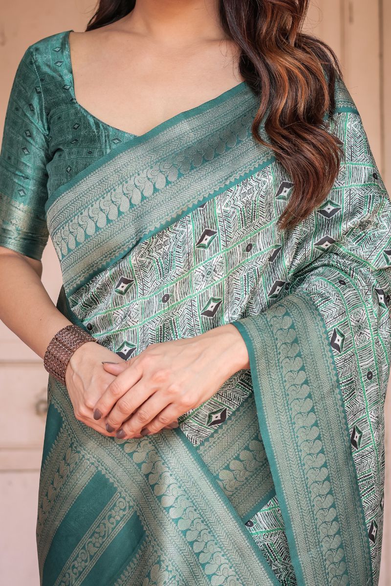 Banarasi Digitally Printed Silk Saree in Rich Teal Green
