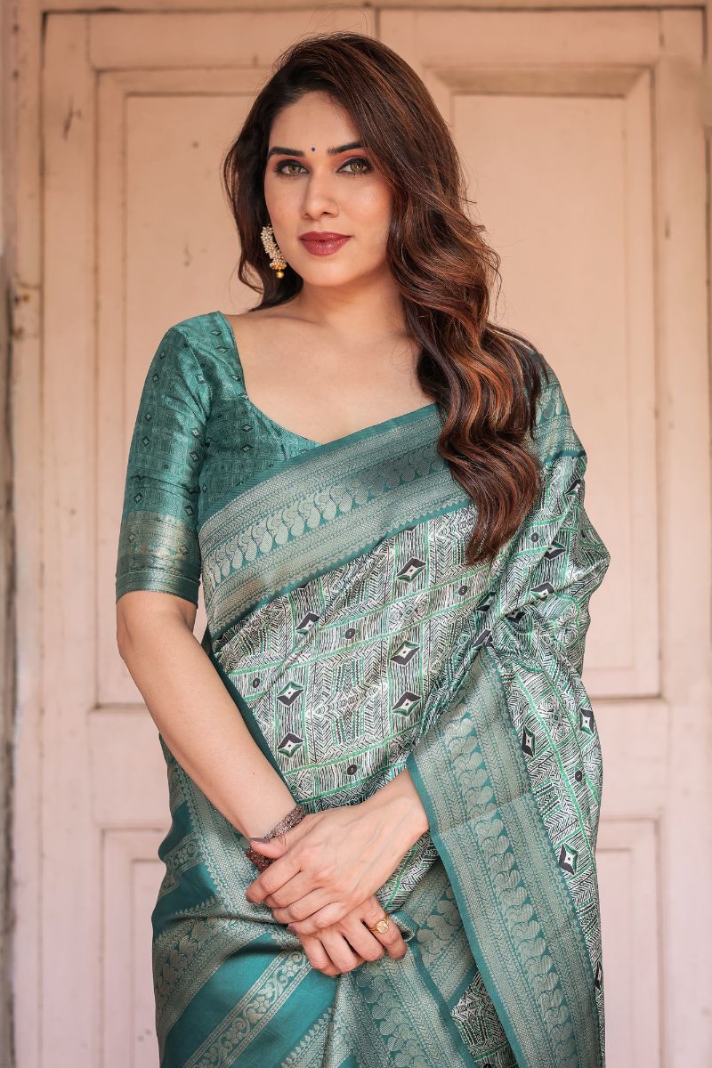 Banarasi Digitally Printed Silk Saree in Rich Teal Green