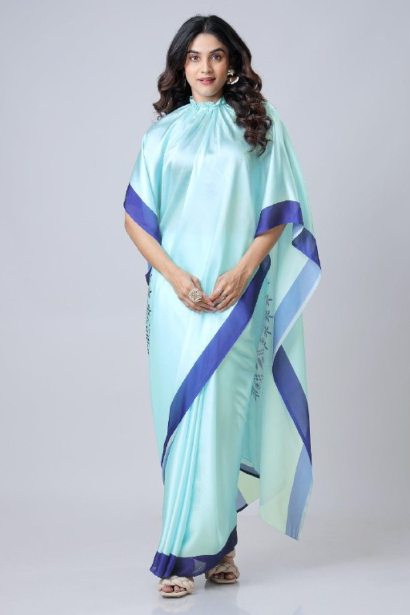 Digital Printing of Sea Blue Satin Creap Silk Saree