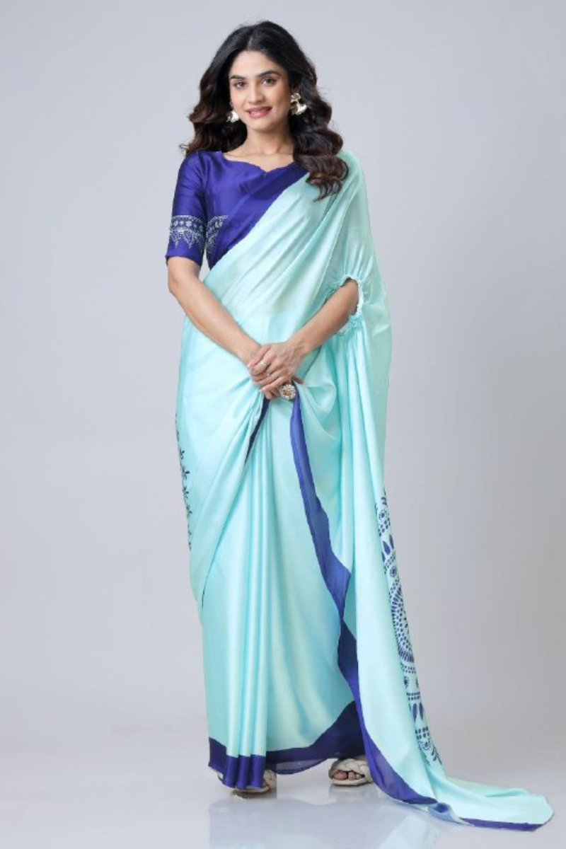 Digital Printing of Sea Blue Satin Creap Silk Saree