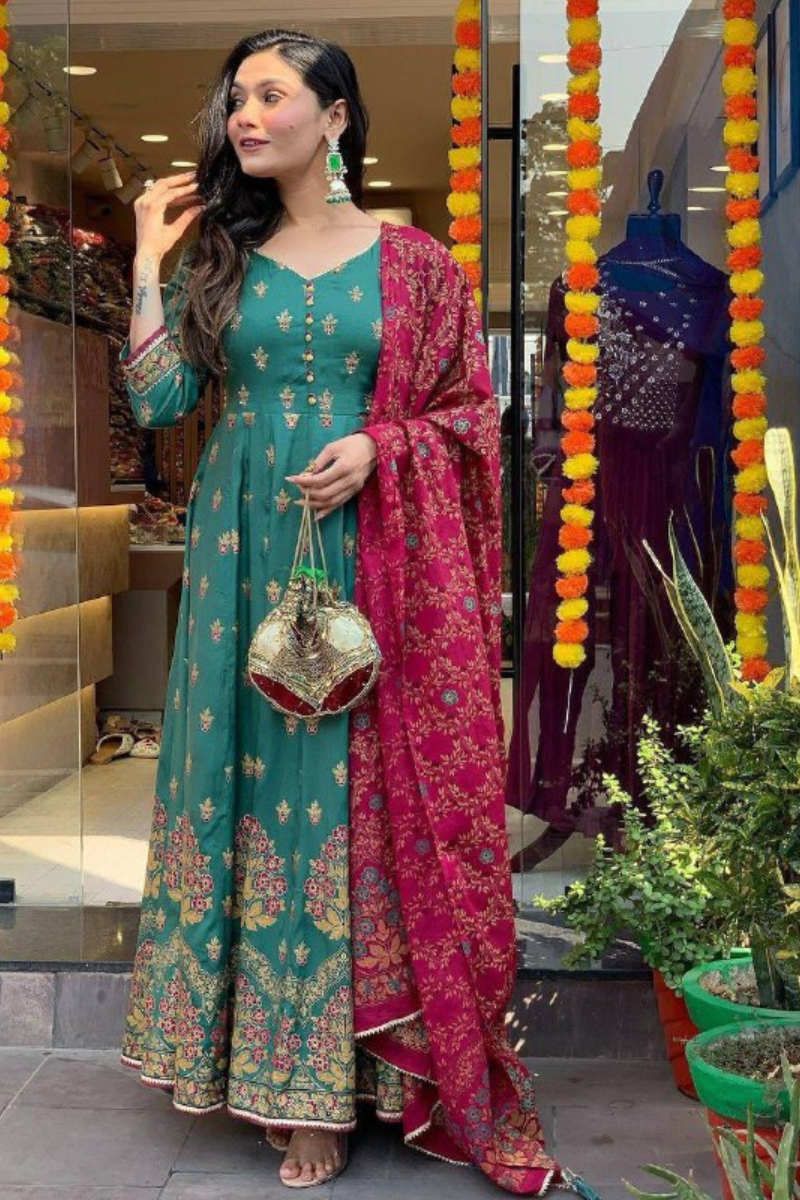 Roman Silk Gown in Sea Green with Dupatta Foil Work