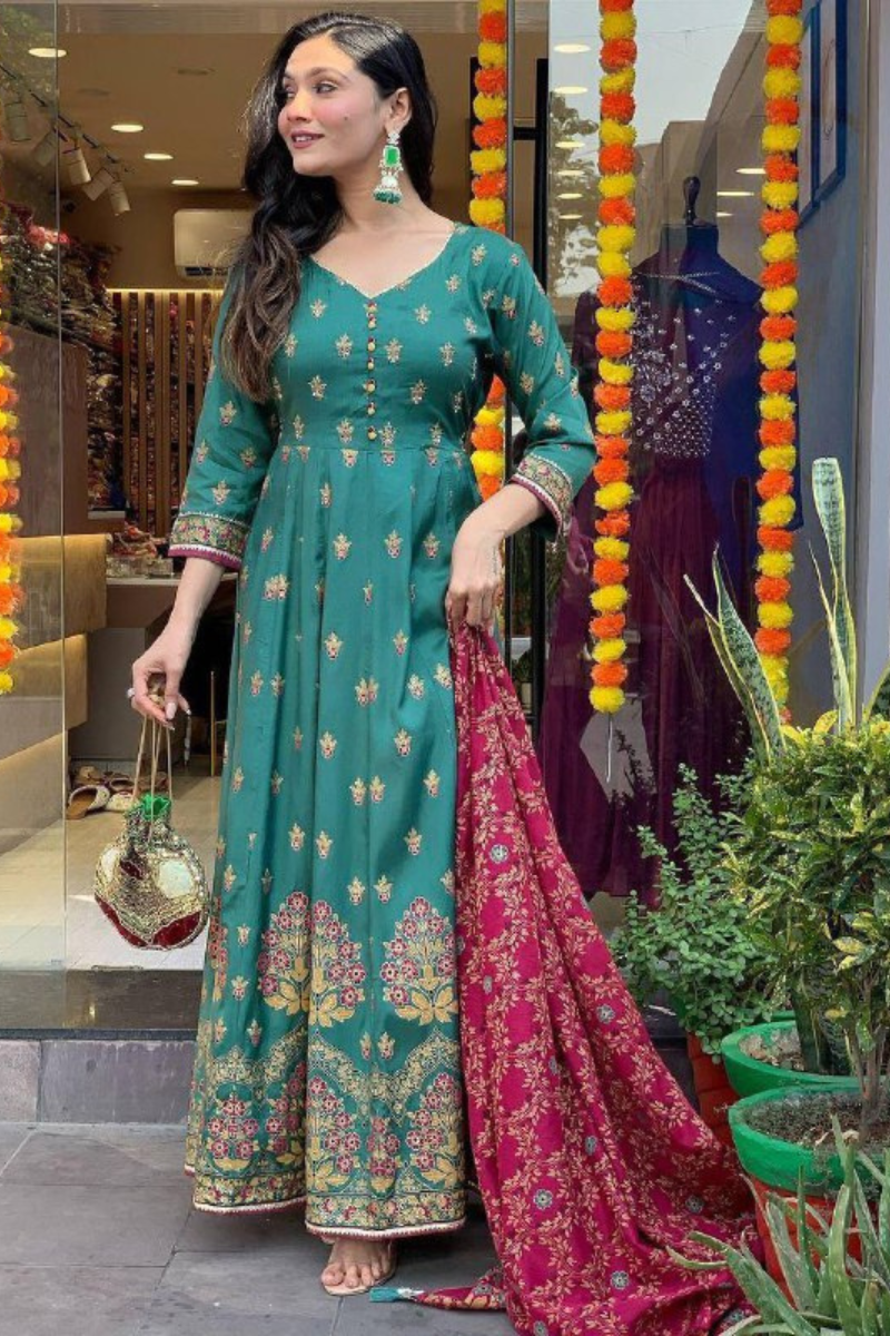 Roman Silk Gown in Sea Green with Dupatta Foil Work