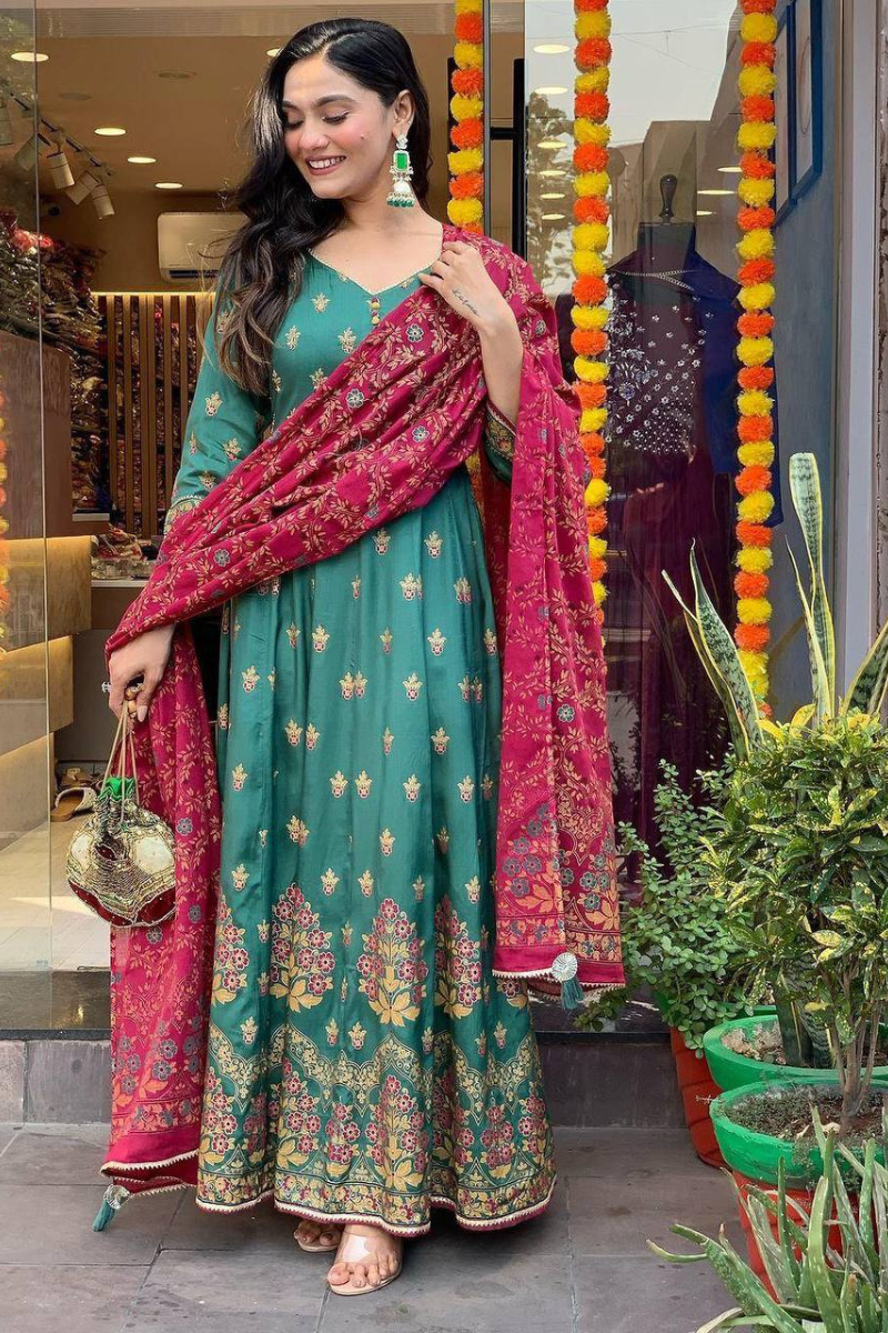 Roman Silk Gown in Sea Green with Dupatta Foil Work