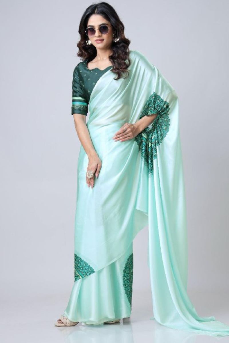Digital Printing of a Sea Green Satin Creap Silk Saree