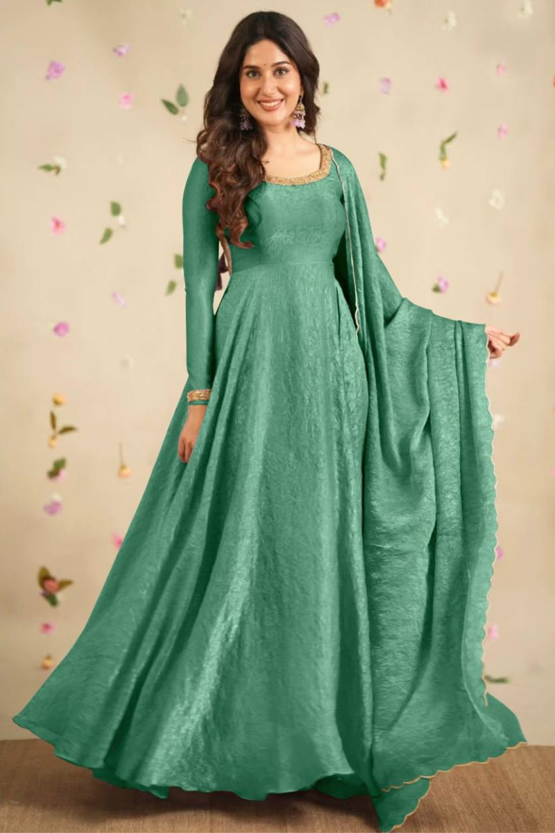 Soft Gold Crush Silk Gown in Sea Green with Dupatta