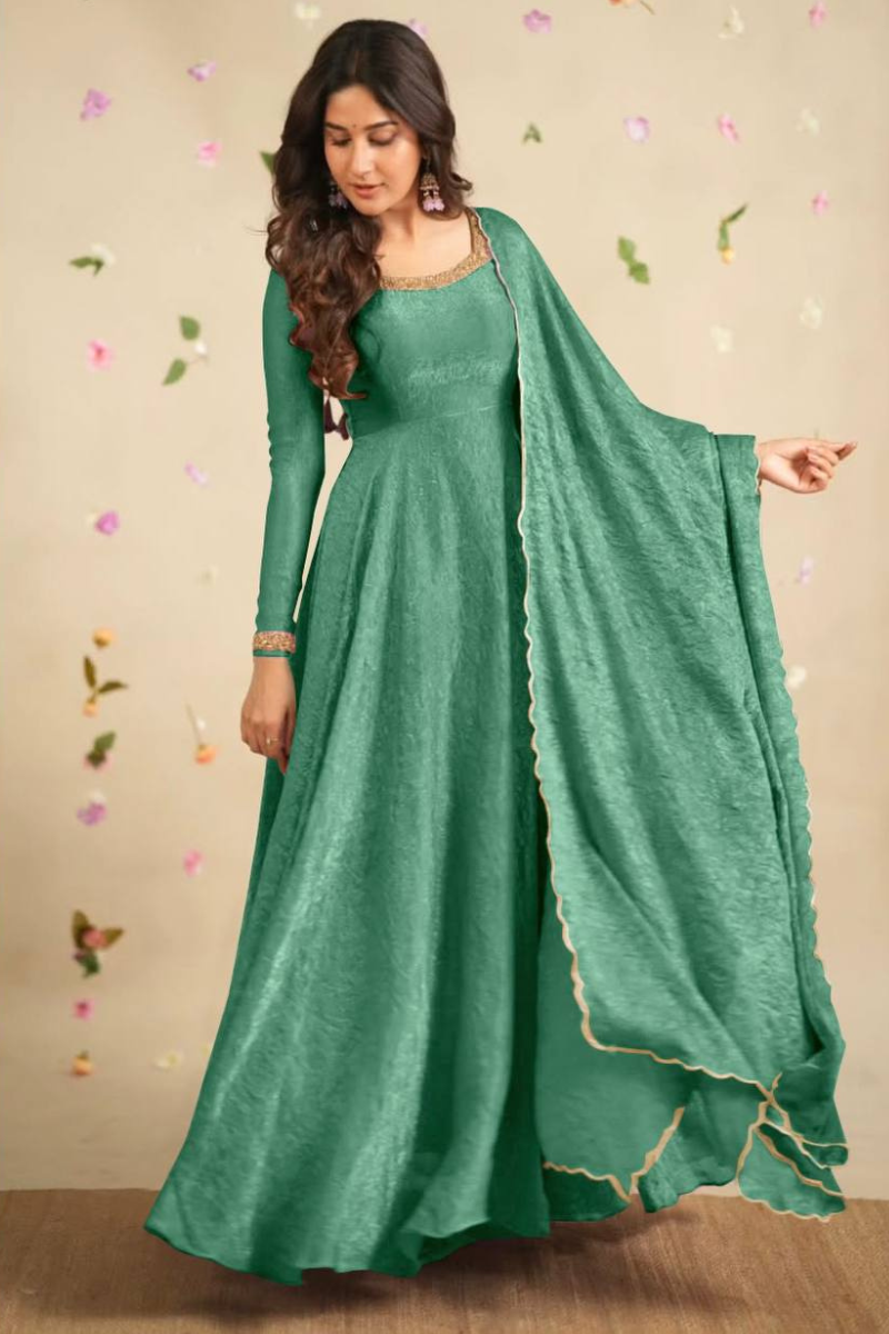 Soft Gold Crush Silk Gown in Sea Green with Dupatta