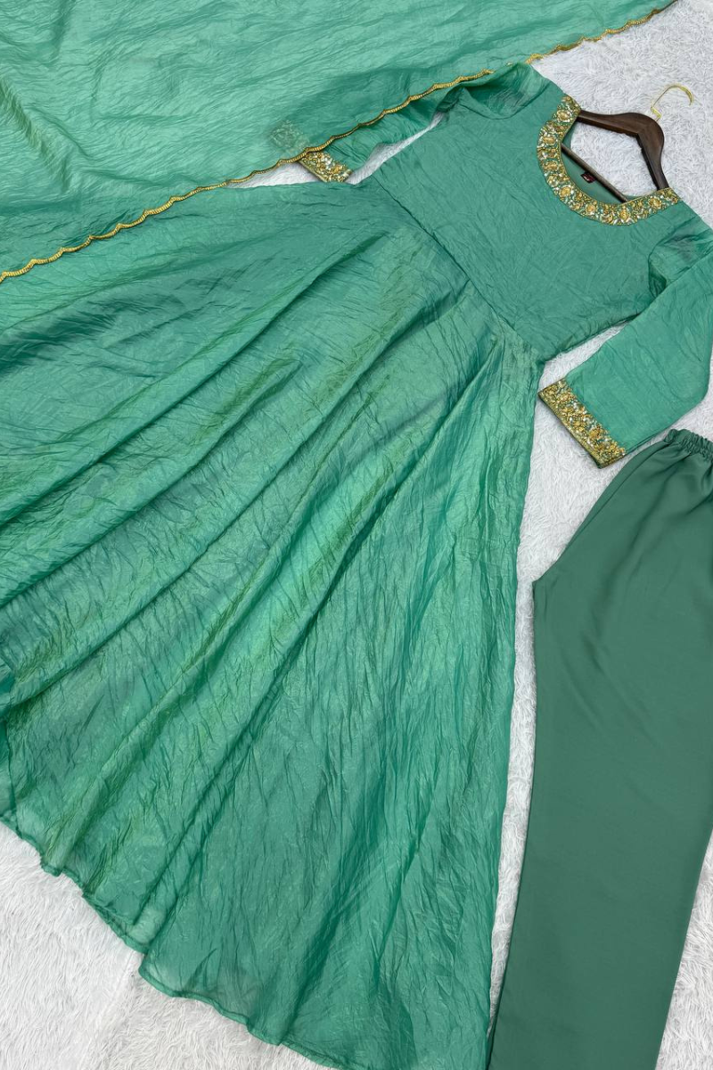 Soft Gold Crush Silk Gown in Sea Green with Dupatta