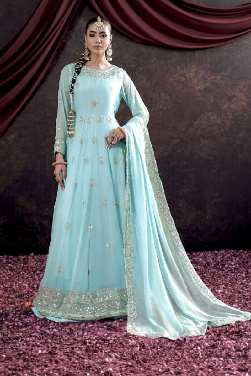 Anarkali gown in sky blue with an embroidered dupatta