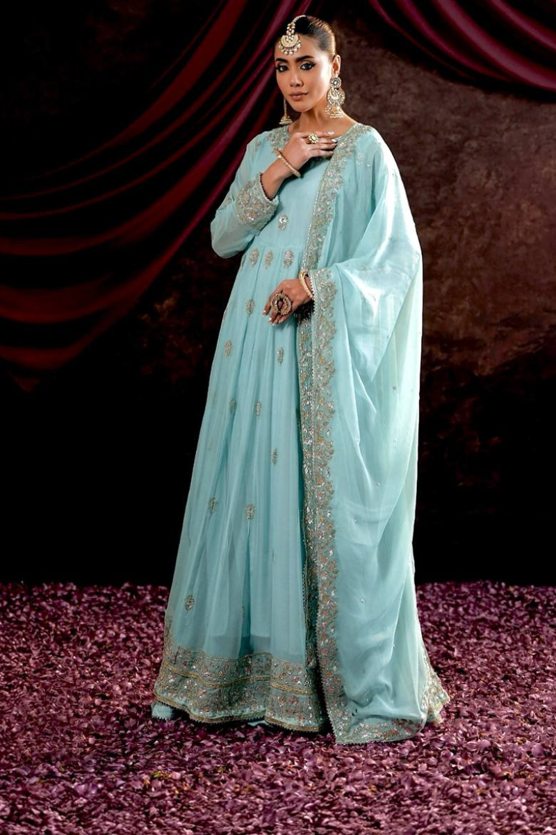 Anarkali gown in sky blue with an embroidered dupatta