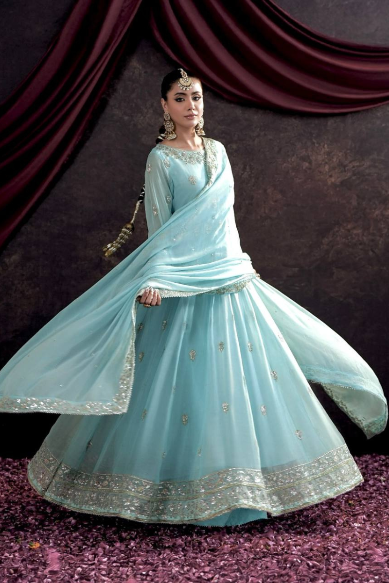 Anarkali gown in sky blue with an embroidered dupatta