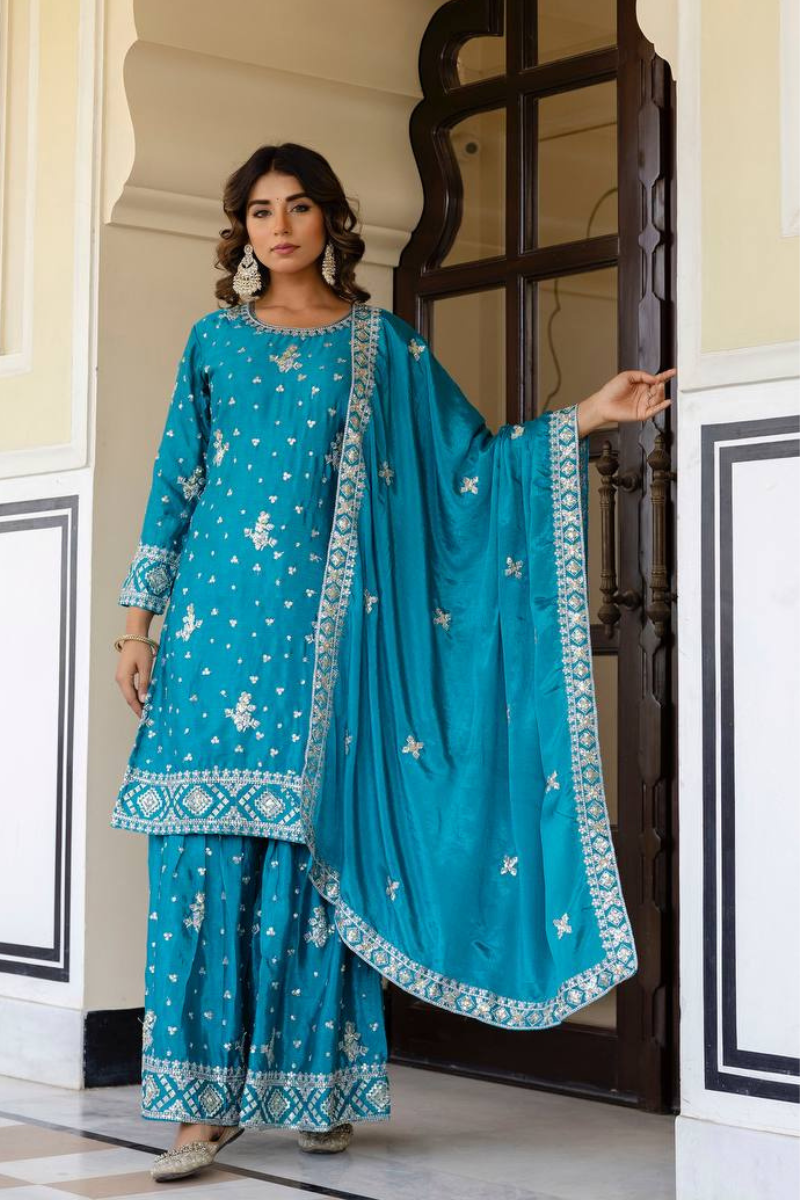 Embroidered Sky Blue Chinon Kurta Pant Dupatta Set Sharara Suit