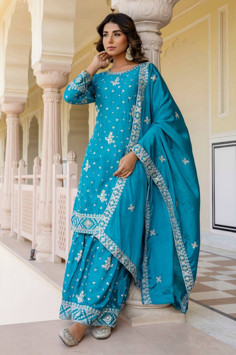 Embroidered Sky Blue Chinon Kurta Pant Dupatta Set Sharara Suit