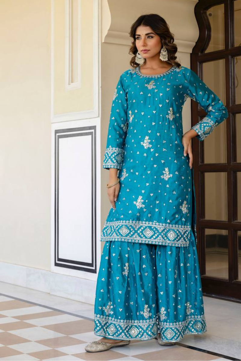 Embroidered Sky Blue Chinon Kurta Pant Dupatta Set Sharara Suit