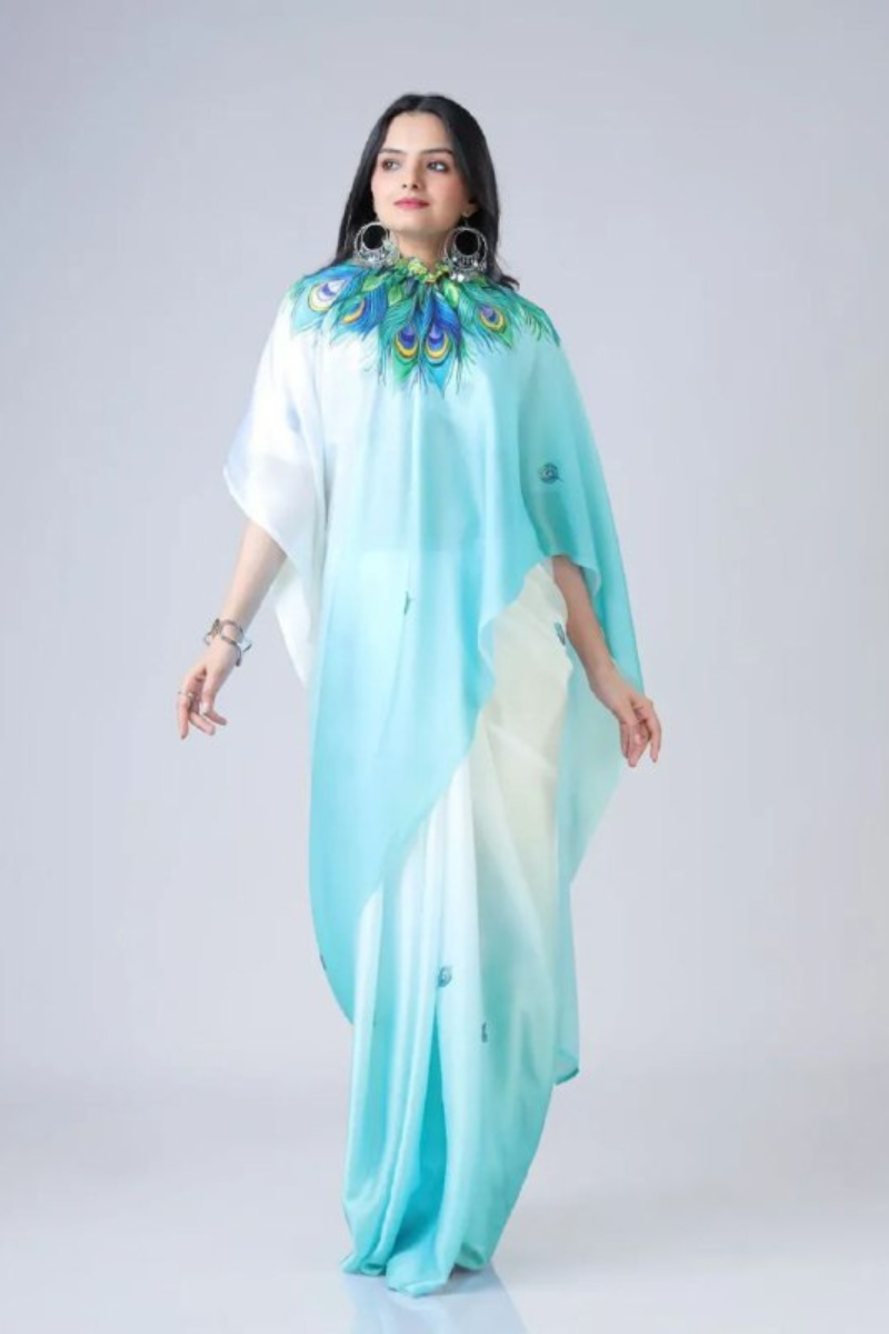 Digital Printing of a Sky Blue Satin Creap Silk Saree